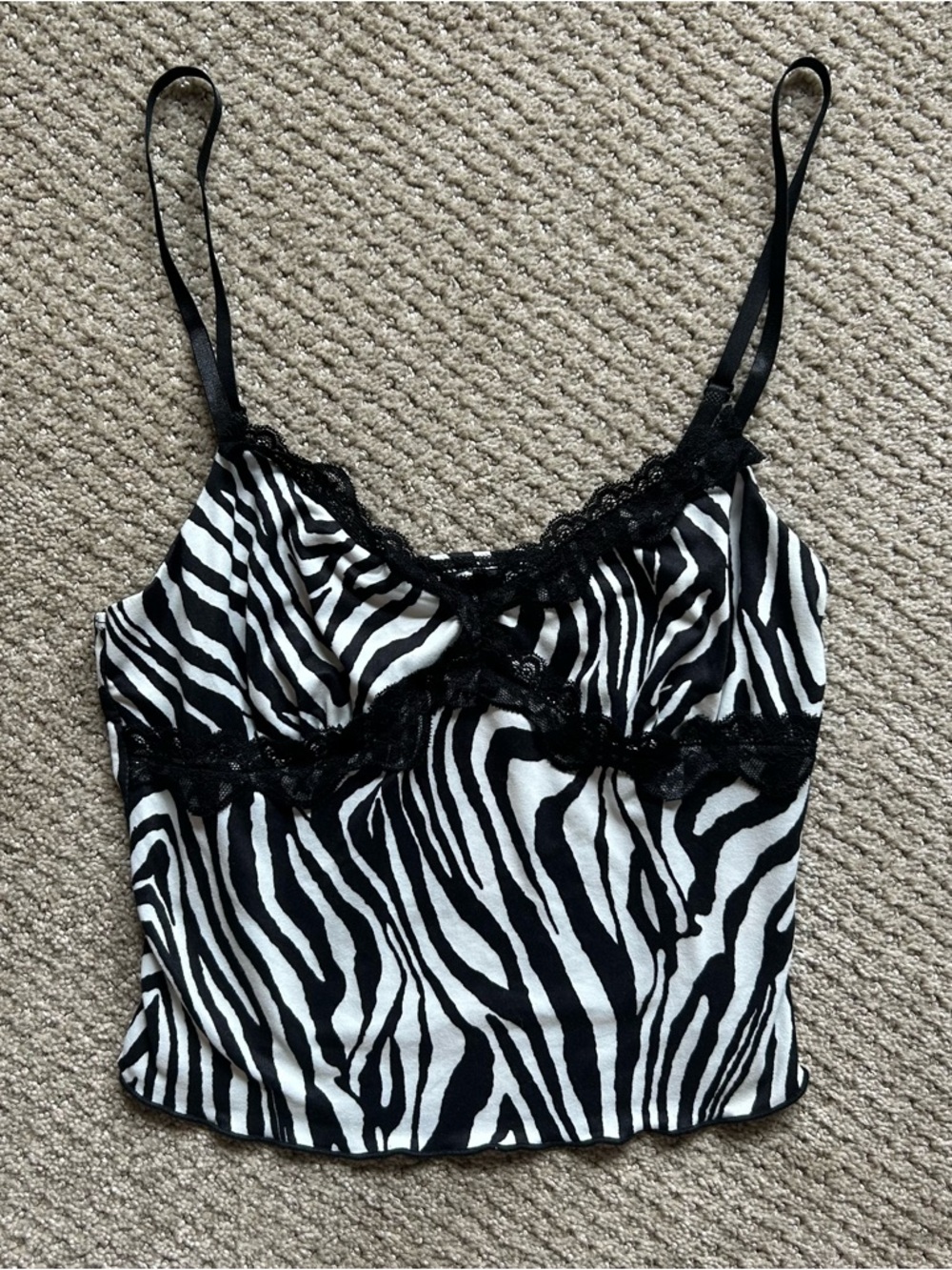 SHEIN Black & White Zebra Lace-Trim Cami Size: Small